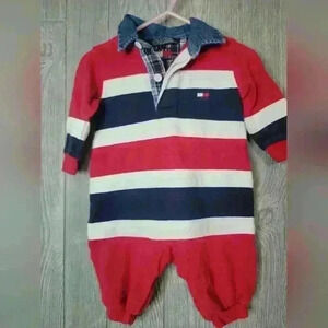 Vintage Tommy Hilfiger Baby. Navy, Red & white stripe collard onesie. 3-6 months